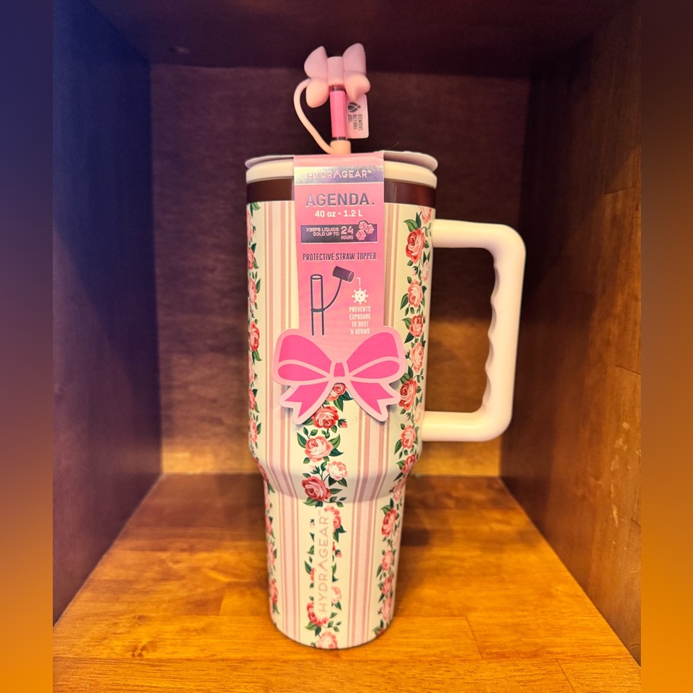 Hydragear Agenda Pink Floral Stripe Tumbler w/ Handle & Bow Straw Topper BNWT